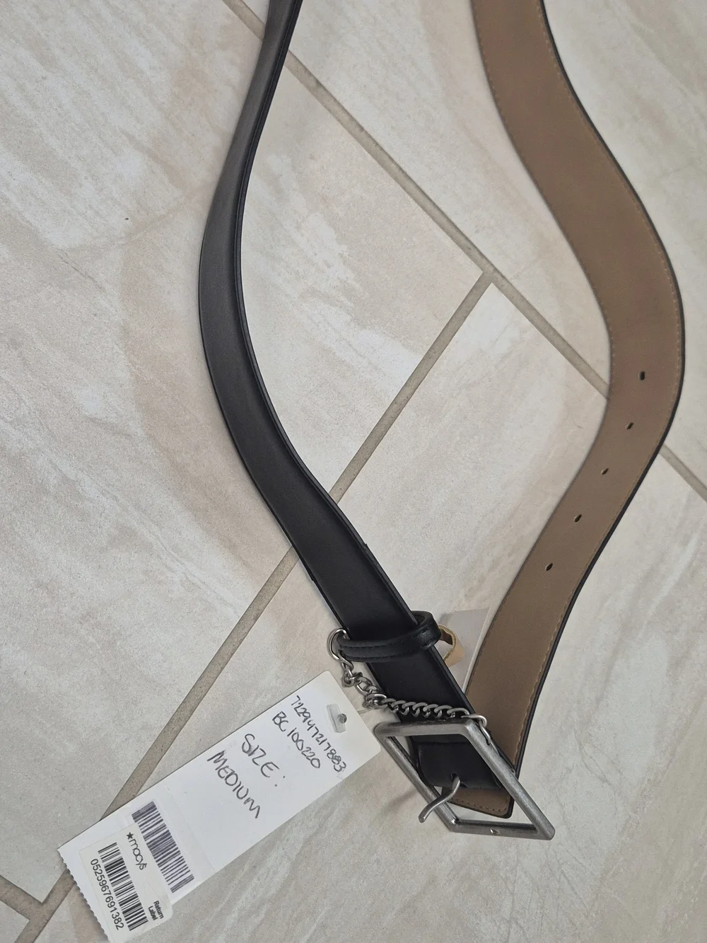 BCBG Black Leather Belt with Silver Buckle and Chain Detail